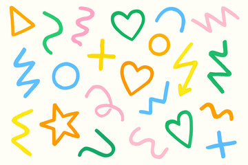 Playful Hand Drawn Shapes Pattern in Bright Colors Fun Doodle Design with Hearts Stars Lightning Bolts Circles Zig Zags and Plus Signs