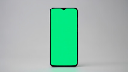 Ai generated image of a black smartphone with a bright green screen is shown isolated on a white background