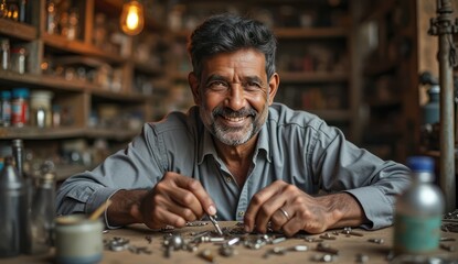 indian clockmaker smiling inside his watch workshop