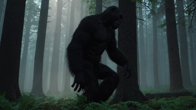 Mysterious bigfoot silhouette moving through enchanted forest scene