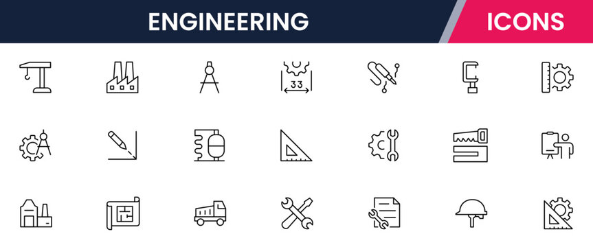 Vector illustration web line icon collection for engineering tools, blueprints, gears, and technical symbols in a precise, modern, and innovative design style.
