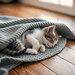 Adorable Kitten Napping Under Cozy Knit Blanket on Hardwood Floor: Peaceful, Serene Pet Image