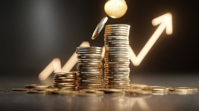 Looping animation of gold coins stacked higher one by one on a clean reflective surface