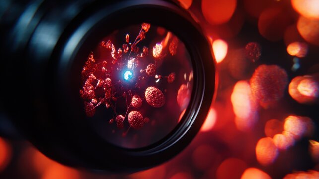 Microscopic view of red cells with a blue light and bokeh background in dark environment