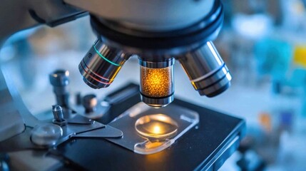 Close up view of a microscope with a sample illuminated on a stage in a laboratory setting