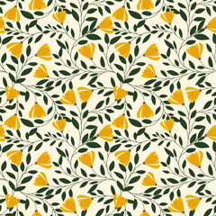 Floral pattern with yellow flowers and green leaves.