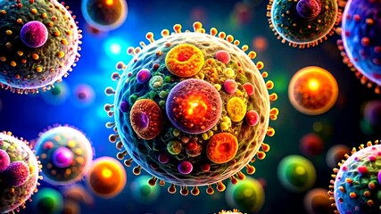 Abstract scientific artwork of genetically enhanced cells glowing with light markers, floating in a deep, liquid space, emphasizing biology and molecular beauty. - Powered by Adobe