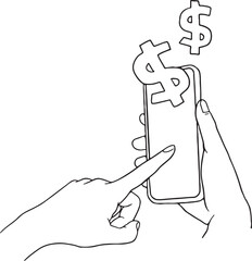 Vector line illustration of hands interacting with a smartphone, featuring dollar signs. Represents mobile banking, online payment, e-commerce, or making money online. Simple black and white outline.