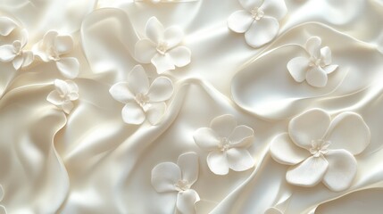 Delicate white flowers on draped ivory silk fabric.