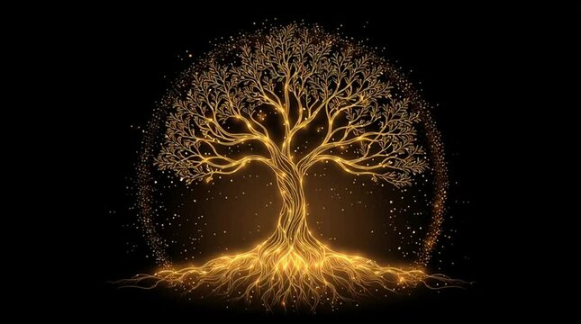 a glowing tree of life icon, soft golden glow, sacred geometry roots and branches, spiritual vector symbol, isolated on black background, elegant glowing lines,

