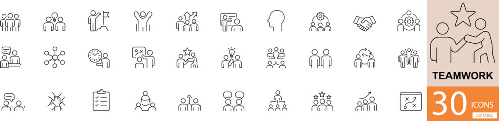 teamwork Icon Set 30 Minimal Line Icons in Black, Flat Vector Style.