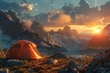 High Resolution Visual of Camping Adventure in Mountainous Landscape at Sunset