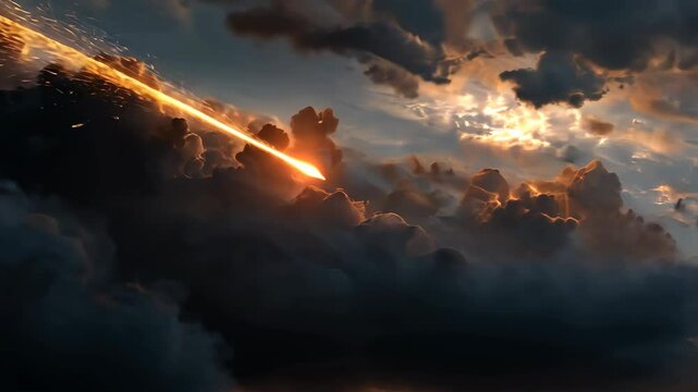 Meteor falling through black cloudy sky, celestial sphere 