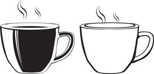 Coffee Line Art Icons, black and white cups, rising steam, simple minimalist illustration for modern coffee logo, branding or café concept