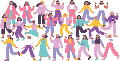 Colorful Illustration of Diverse Women Walking Together in Modern Outfits, Celebrating Female Empowerment