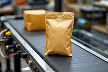 Product Packaging on Conveyor Belt: Close-up view of kraft paper pouches moving along a conveyor belt in a modern warehouse or factory setting, highlighting efficient automated packaging processes.