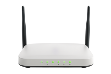 Contemporary Wireless Network Router with Power and Connection Indicators Illuminated, Conveying Stable Internet Service and Digital Lifestyles for Homes and Offices