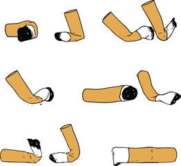 Cigarettes from full to a burnt-out butt. This vector illustration effectively visualizes the stages of smoking or the end of a cigarette. Ideal for health campaigns, anti-smoking messages.