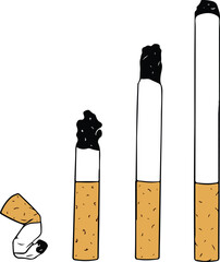 Collection of discarded cigarette butts in various states, from extinguished to crushed. This vector illustration highlights the issue of litter, pollution, and the remnants of smoking.