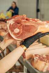 Meat on the counter. Selection of raw meat, piece of pork. BBQ selection, shashlik, meat tenderloin, fillet.