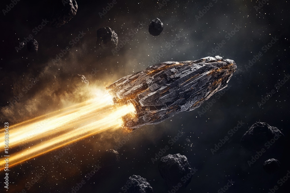 Poster a colossal spaceship, propelled by intense energy, navigates a dense asteroid field in deep space.