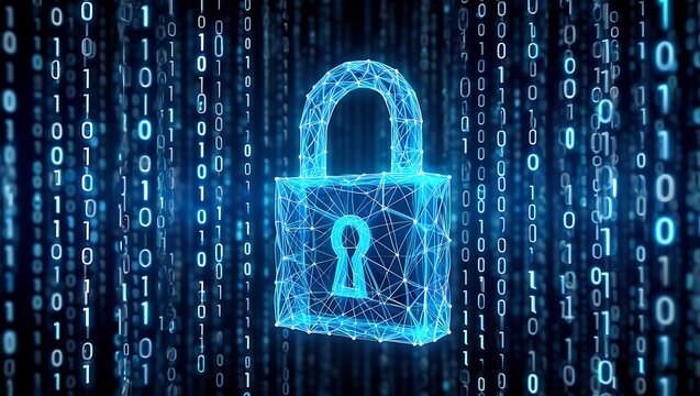 Digital lock secured by glowing blue binary code data stream