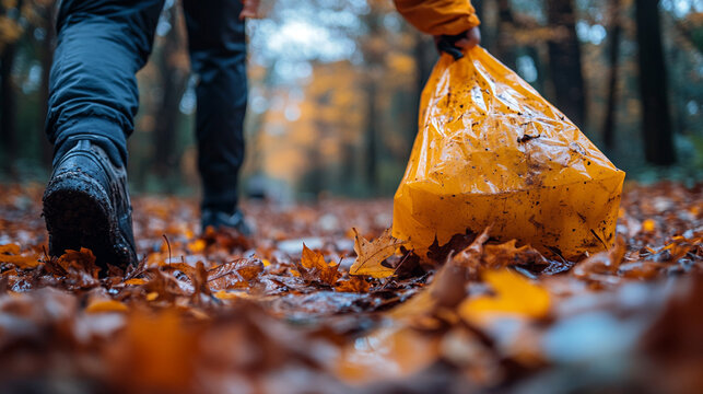 Person collecting trash in autumn forest