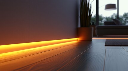 Warm orange LED strip lights illuminating modern living room baseboard.