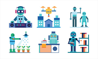 Futuristic City and Industrial Robot Helpers – 6 Smart City, AI Industry, and Urban Automation Illustrations