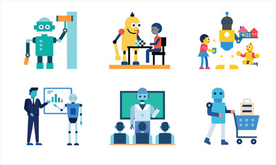 AI Teacher and Student Robot Characters – 6 Education Technology and E-Learning Vector Designs

