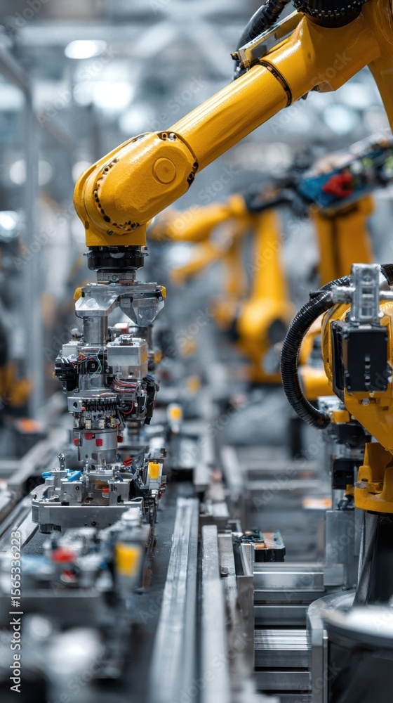 Poster closeup view of precision robotic arms performing intricate tasks on an assembly line highlighting t