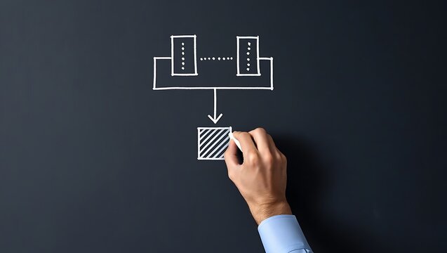 Hand drawing a flowchart diagram with servers and a final output box on blackboard