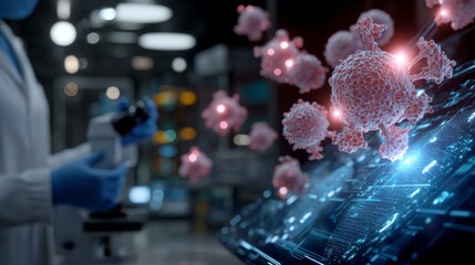 Scientist with Microscope Virus Cells on Digital Interface Laboratory Background