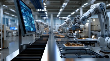 Naklejka premium Automated industrial robotic assembly line computer screen displays production data