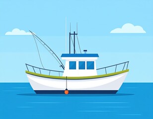 Fototapeta premium Illustration of a white fishing boat with a blue cabin on a blue sea under a light blue sky with fluffy white clouds