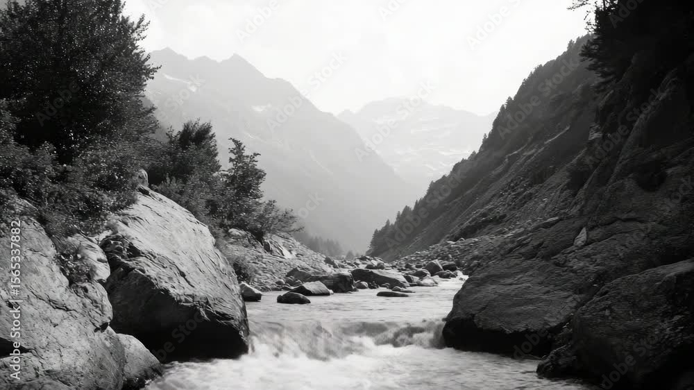 Poster A serene wilderness scene featuring a clear stream flowing through a forested area with mountains in the background.
