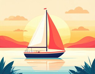 Fototapeta premium Sailboat with white and red sails on calm water reflecting the sunset with distant hills and clouds
