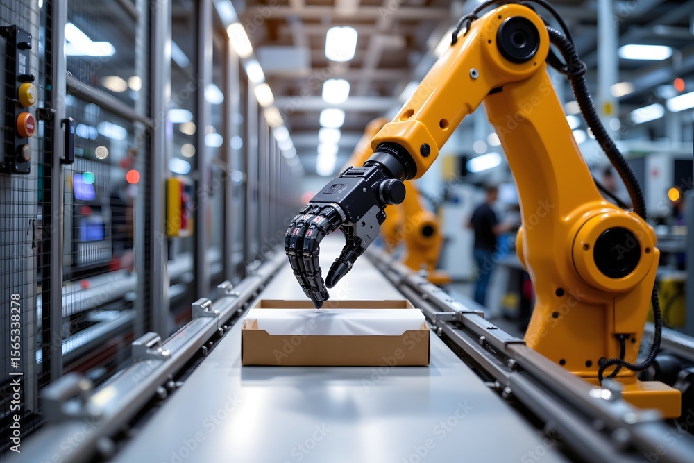 Poster automated precision: an industrial robot arm, with sleek, futuristic design, working diligently on t