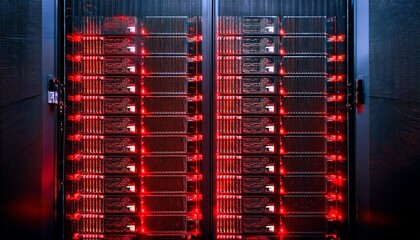 illuminated server rack with red power switches