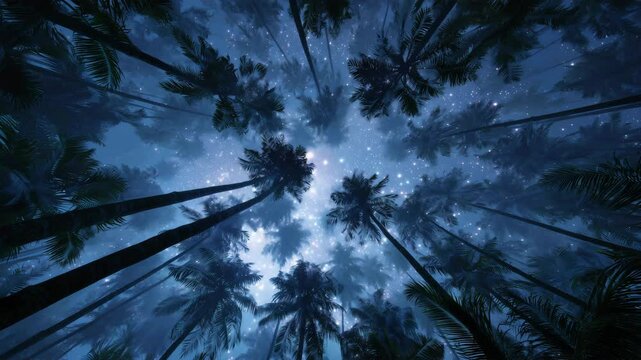 月光が夜の密林のヤシを静かに青く幻想的に照らす