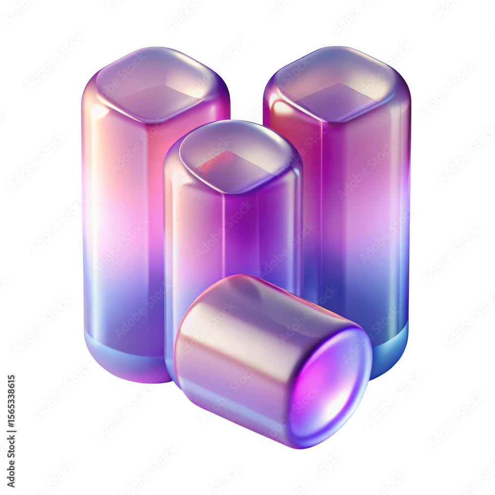 Poster abstract iridescent gradient cubes and cylinder on transparent background