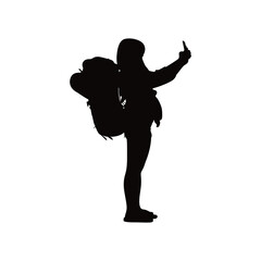 A bold silhouette of a woman with a large backpack, posing to take a selfie vector.
