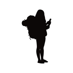 A simple, strong silhouette of a young woman with a backpack, looking at her phone vector.