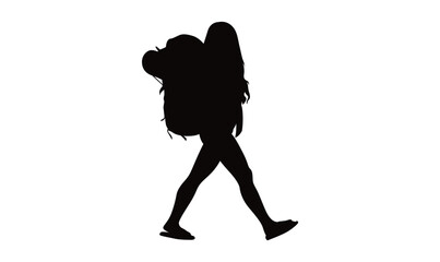 A bold silhouette, a walking view of a woman carrying a thick backpack vector.