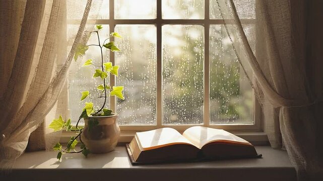 Book is open on a window sill next to a plant. The book is a Bible and the plant is a vine. The scene is peaceful and serene, with the sunlight shining through the window