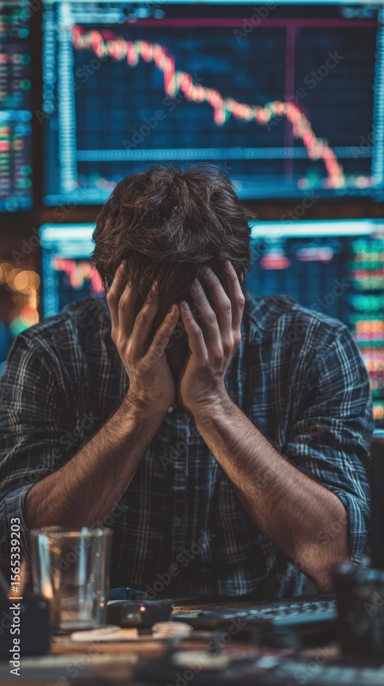 Poster an overwhelmed trader sits at a desk hands clasped in frustration while monitoring a computer that s