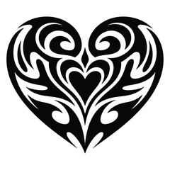 Detailed tribal heart illustration, black and white tattoo-inspired design with elegant ornamental vector art

