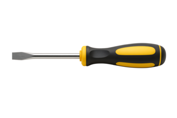 Vibrant Flathead Screwdriver with Yellow and Black Handle Isolated on a Clean White Background