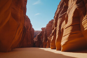 Canyon walls create striking linear perspective in warm sunlight