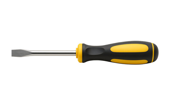 Vibrant Flathead Screwdriver with Yellow and Black Handle Isolated on a Clean White Background